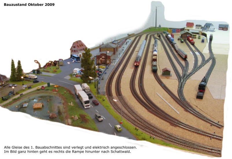 Bauzustand Oktober 2009 Alle Gleise des 1. Bauabschnittes sind verlegt und elektrisch angeschlossen. Im Bild ganz hinten geht es rechts die Rampe hinunter nach Schattwald.